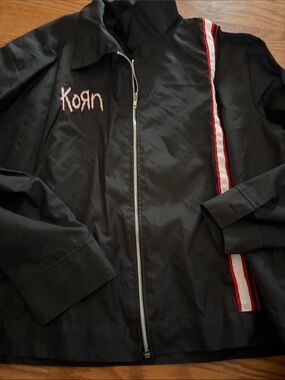 Korn Branded Black Zip-Front Shirt Jacket with Red & White Stripes made in USA